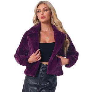 Cropped Jacket Notch Lapel Faux Fur Fluffy Coat Grape Purple
